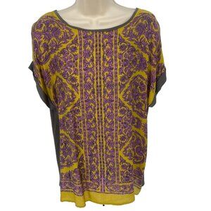 Sundance Womens Size Small Silk Blend Tunic Top Yellow Pink Print Short Sleeve